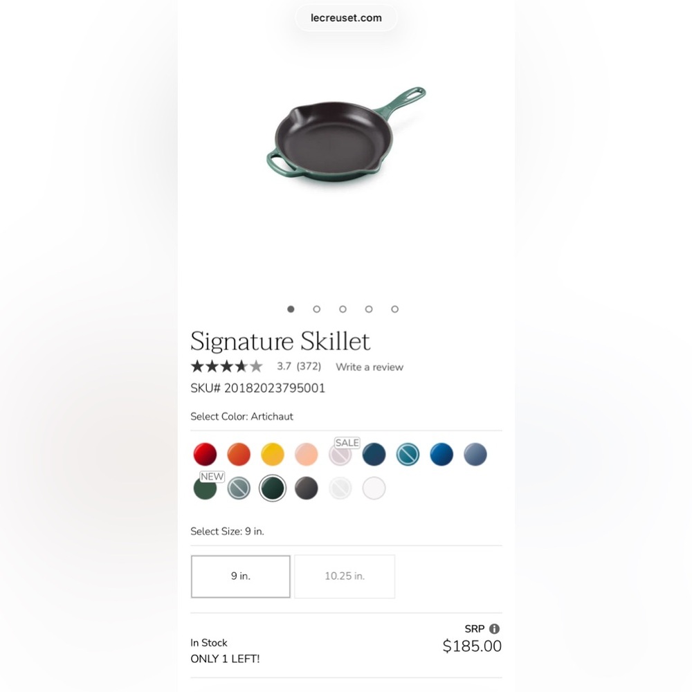 Le Creuset Artichaut Green Cast Iron Skillet - NWT
